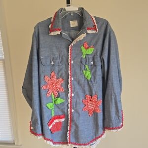 Vintage JcPenny's Upcycled 1970's Floral Embroidered Denim Shirt Size:XL